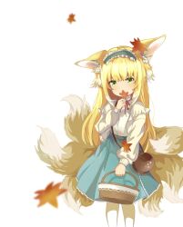 Rule 34 | 1girl, absurdres, animal ears, arknights, autumn leaves, bag, basket, blonde hair, blue hairband, blue skirt, brown bag, cardigan, chinese commentary, colored tips, commentary request, covering own mouth, cross-laced clothes, cross-laced skirt, cross-laced slit, feet out of frame, fox ears, fox girl, fox tail, frilled hairband, frills, green eyes, hair ornament, hair scrunchie, hairband, hand up, high-waist skirt, highres, holding, holding basket, holding leaf, kitsune, kyuubi, leaf, long hair, long sleeves, looking at viewer, maple leaf, multicolored hair, multiple tails, neck ribbon, official alternate costume, puffy long sleeves, puffy sleeves, red ribbon, ribbon, round bag, scrunchie, shirt, shoulder bag, simple background, skirt, solo, suzuran (arknights), suzuran (spring praise) (arknights), tail, two-tone hair, white background, white hair, white shirt, yellow cardigan, ying wei jin inexistenec