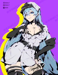 Rule 34 | 1girl, absurdres, akame ga kill!, black thighhighs, blue eyes, blue hair, breasts, cleavage, defaultz, elbow gloves, esdeath, gloves, hand on own hip, hat, highres, large breasts, leg tattoo, military, military hat, military uniform, seductive smile, smile, tattoo, thighhighs, thighs, twitter logo, uniform