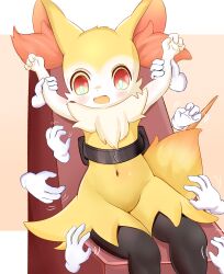 Rule 34 | 1girl, absurdres, animal ear fluff, animal ears, arm grab, arms up, black fur, blush, body fur, braixen, creatures (company), disembodied limb, female focus, flat chest, fox ears, fox girl, fox tail, furry, furry female, game freak, gen 6 pokemon, groin, highres, looking down, motion lines, multicolored fur, navel, neck fur, nervous, nintendo, open mouth, pokemon, pokemon (creature), red eyes, restrained, shiloha, sitting, solo, stationary restraints, stomach, tail, white fur, yellow fur