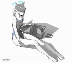 Rule 34 | 1girl, absurdres, animal ears, artist name, bag, barefoot, blue archive, blue eyes, blue theme, closed mouth, duffel bag, feet, ggymj, greyscale, halo, highres, korean commentary, looking at viewer, medium hair, monochrome, one-piece swimsuit, ponytail, shadow, shiroko (blue archive), shiroko (swimsuit) (blue archive), simple background, solo, spot color, swimsuit, toes, wolf ears
