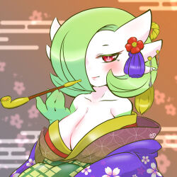 Rule 34 | 1girl, artist name, bare shoulders, blurry, blurry background, blush, bob cut, breasts, cleavage, closed mouth, clothed pokemon, collarbone, colored eyelashes, colored skin, creatures (company), egasumi, female focus, floral background, floral print, flower, game freak, gardevoir, gen 3 pokemon, geturouka9b, green hair, green skin, hair flower, hair ornament, hair over one eye, half-closed eyes, hand up, holding, holding smoking pipe, japanese clothes, kimono, large breasts, looking at viewer, mole, mole under eye, multicolored clothes, multicolored kimono, multicolored skin, nintendo, off shoulder, one eye covered, orange background, pokemon, pokemon (creature), red flower, short hair, signature, smoking pipe, solo, tassel, two-tone skin, upper body, white skin