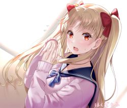 Rule 34 | 1girl, backlighting, black sailor collar, blonde hair, blue bow, blush, bow, collarbone, commentary request, day, desk, dutch angle, ereshkigal (fate), fate/grand order, fate (series), flying sweatdrops, hair bow, hakuda tofu, interlocked fingers, long hair, long sleeves, looking at viewer, open mouth, own hands together, parted bangs, pink sweater, red bow, red eyes, sailor collar, school desk, school uniform, serafuku, sitting, sleeves past wrists, solo, sunlight, sweat, sweater, translation request, two side up, window