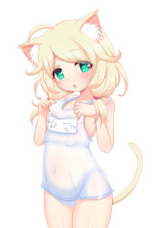 Rule 34 | adjusting clothes, adjusting swimsuit, ahoge, animal ear fluff, animal ears, belly, blonde hair, blush, cat ears, cat girl, cat tail, commentary request, covered navel, cowboy shot, dot nose, flat chest, green eyes, groin, hands up, highres, hosizora mikoto, idolmaster, idolmaster cinderella girls, looking at viewer, low twintails, medium hair, name tag, one-piece swimsuit, open mouth, school swimsuit, school swimsuit flap, solo, swimsuit, tail, twintails, white background, white one-piece swimsuit, yusa kozue