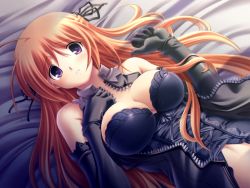 Rule 34 | 1girl, bed, blush, breasts, brown hair, cleavage, corset, dutch angle, eight chigusa tree, elbow gloves, game cg, gloves, large breasts, long hair, lying, natural another one 2nd belladonna, on back, orange hair, purple eyes, solo, tsurugi hagane, yachigusa itsuki