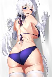 Rule 34 | 1girl, ass, azur lane, bikini, blue bikini, blue eyes, blush, breasts, commentary request, elbow gloves, from behind, gloves, greenkohgen, hair ribbon, highres, illustrious (azur lane), large breasts, long hair, looking at viewer, looking back, mole, mole on ass, mole under eye, open mouth, ribbon, solo, standing, swimsuit, thighhighs, thighs, tress ribbon, tri tails, very long hair, white gloves, white hair, white thighhighs