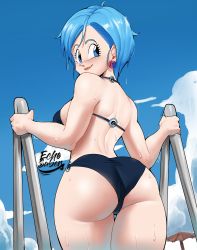 Rule 34 | 1girl, absurdres, artist name, ass, bikini, blue bikini, blue eyes, blue hair, blush, breasts, bulma, cowboy shot, day, derivative work, dragon ball, dragon ball super, earrings, echo saber, female focus, highres, jewelry, large breasts, looking at viewer, looking back, matching hair/eyes, o-ring, o-ring bikini, outdoors, reference work, short hair, sideboob, signature, smile, solo, summer, swimsuit, thick thighs, thighs, umbrella, wet, wide hips