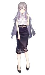 Rule 34 | 1girl, belt, black footwear, black skirt, bracelet, braid, closed mouth, earrings, french braid, full body, gradient hair, grey jacket, hand up, highres, hoop earrings, indie virtual youtuber, jacket, jacket on shoulders, jewelry, long hair, looking at viewer, multicolored hair, necklace, official art, pink hair, purple skirt, ribbed sweater, ring, ring necklace, shoes, short sleeves, simple background, skirt, smile, solo, sonome lily, standing, sweater, umakuchi shouyu, virtual youtuber, white background, white sweater