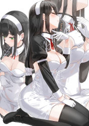 Rule 34 | 1girl, black hair, black jacket, blush, breasts, cleavage, commentary request, cropped jacket, detached collar, dress, gloves, gokkun, green eyes, hairband, highres, jacket, juliet sleeves, kfr, large breasts, long hair, long sleeves, maid, multiple views, original, puffy sleeves, short dress, shrug (clothing), thighs, white dress, white gloves