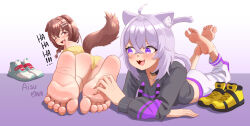 Rule 34 | 2girls, :3, ahoge, aisuman, animal ear fluff, animal ears, arm rest, artist name, ass, barefoot, black choker, black hoodie, blush, bone hair ornament, brown eyes, brown hair, cat ears, cat girl, cat tail, choker, collar, commission, dog ears, dog girl, dog tail, english text, feet, feet up, female focus, foot focus, foot worship, foreshortening, gluteal fold, hair ornament, highres, hololive, hoodie, inugami korone, laughing, legs up, long hair, long sleeves, looking at viewer, looking back, lying, multiple girls, nail polish, nekomata okayu, on stomach, one eye closed, open mouth, paid reward available, panties, pants, purple eyes, purple hair, shoes, short hair, smile, soles, tail, tdogoenails, teeth, the pose, thighs, tickling, toenail polish, toenails, toes, underwear, unworn shoes, upper teeth only, white pants, yellow panties
