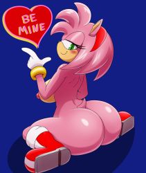 Rule 34 | 1girl, absurdres, amy rose, ass, blue background, blush, boots, breasts, from behind, gloves, green eyes, hairband, heart, hedgehog, hedgehog ears, highres, huge ass, large breasts, looking at viewer, looking back, mechspazer, nipples, nude, sitting, smile, solo, sonic (series), tail, thick thighs, thighs, valentine, wariza