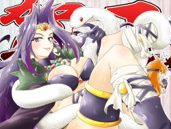 Rule 34 | 2girls, :p, ahoge, blue eyes, boots, breasts, cape, circlet, cleavage, covered erect nipples, gloves, headband, jewelry, large breasts, bridal garter, lina inverse, long hair, multiple girls, naga the serpent, necklace, orange hair, purple hair, revealing clothes, shoulder pads, slayers, snake, tongue, tongue out, yamatoya07