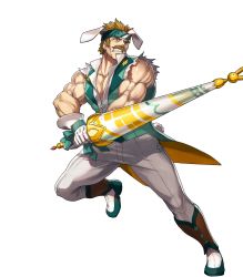 Rule 34 | 1boy, animal ears, bartre (fire emblem), boots, bow, brown eyes, brown hair, dai-xt, facial hair, fire emblem, fire emblem: the binding blade, fire emblem heroes, flower, full body, gloves, headband, highres, male focus, muscular, mustache, nintendo, official alternate costume, official art, pectoral cleavage, pectorals, rabbit ears, solo, teeth, transparent background