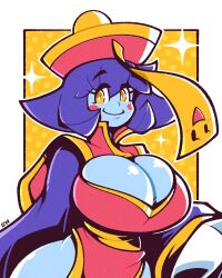Rule 34 | 1girl, blue skin, breasts, bursting breasts, cleavage, cleavage cutout, clothing cutout, colored skin, hat, highres, huge breasts, jiangshi, legendofnerd, lei lei, long sleeves, purple hair, qingdai guanmao, revealing clothes, short hair, undead, vampire (game), yellow eyes