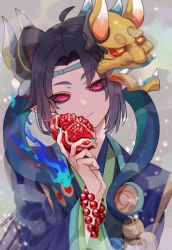Rule 34 | absurdres, aqua nails, bracelet, chain, colored sclera, evil smile, fire, food, fruit, green nails, hannya (onmyoji), head tilt, highres, holding, holding food, holding fruit, japanese clothes, jewelry, light smile, long hair, looking at viewer, mask, mask on head, moto mitsuashi, nail polish, oni mask, onmyoji, pomegranate, red eyes, red sclera, smile, snake, solo, upper body