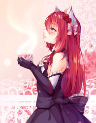 Rule 34 | 1girl, animal ears, artist name, black dress, black gloves, blush, borrowed character, bow, brown eyes, commission, cup, dress, elbow gloves, flower, frilled gloves, frills, gloves, hair between eyes, hair bow, hair flower, hair ornament, half-closed eye, highres, holding, holding cup, hyanna-natsu, lips, long hair, looking away, looking up, original, parted lips, profile, railing, red flower, red hair, red rose, rose, sleeveless, sleeveless dress, smile, solo, striped, striped bow, teacup, uneven eyes, upper body, very long hair