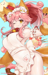 Rule 34 | 1girl, animal ear fluff, animal ears, animal hands, apron, bad id, bad pixiv id, bare shoulders, bell, blue background, blush, bow, breasts, cat hair ornament, cat paws, closed mouth, collar, doughnut, fate/extra, fate/grand order, fate (series), food, fox ears, fox girl, fox tail, gloves, hair between eyes, hair bow, hair ornament, highres, ice cream, jingle bell, large breasts, long hair, looking at viewer, macaron, maid headdress, naked apron, neck bell, one eye closed, pancake, paw gloves, paw print, pink hair, ponytail, red bow, sideboob, sidelocks, simple background, smile, solo, tail, tamamo (fate), tamamo cat (fate), tamamo cat (third ascension) (fate), thighs, tranquil-lizer