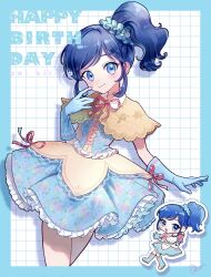 Rule 34 | 1girl, aikatsu!, aikatsu! (series), blue background, blue dress, blue eyes, blue gloves, blue hair, character name, checkered background, chibi, commentary, cropped legs, dot nose, dress, elbow gloves, floral print, frilled dress, frills, gloves, grid background, hair ornament, hair scrunchie, hand up, happy birthday, hashtag-only commentary, highres, idol, kiriya aoi, neck ribbon, ribbon, roi, scrunchie, short dress, side ponytail, sidelocks, smile, solo, standing, symbol-only commentary, two-tone dress, yellow dress
