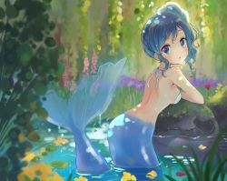 Rule 34 | 1girl, :o, absurdres, aikatsu!, aikatsu! (series), armpits, back, bare back, bare shoulders, bikini, bikini top only, blue eyes, blue hair, blush, breasts, flower request, highres, kiriya aoi, leaning forward, lily pad, long hair, looking at viewer, looking back, medium breasts, mermaid, monster girl, monsterification, moss, nature, ogura (sao no), open mouth, overgrown, partially submerged, plant, pond, scenery, side ponytail, solo, swimsuit, water, wet, willow