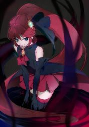 Rule 34 | 1girl, absurdly long hair, absurdres, black gloves, black thighhighs, blue eyes, closed mouth, cowboy shot, elbow gloves, gloves, hair between eyes, hair ornament, happinesscharge precure!, highres, long hair, miniskirt, pleated skirt, ponytail, precure, red hair, red neckwear, red skirt, shipu (gassyumaron), skirt, smile, solo, thighhighs, unlovely (happinesscharge precure!), very long hair, zettai ryouiki