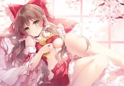 Rule 34 | 1girl, :o, bare legs, bare shoulders, bed sheet, blush, bow, breasts, brown hair, cherry blossoms, commentary request, detached sleeves, feet out of frame, frilled bow, frilled pillow, frilled shirt collar, frills, groin, hair bow, hair tubes, hakurei reimu, hand up, indoors, lifted by self, long hair, long sleeves, looking at viewer, medium breasts, midriff, miniskirt, mochizuki shiina, navel, no bra, no panties, parted lips, petals, petticoat, pillow, red bow, red skirt, revision, shadow, sitting, skirt, skirt set, solo, stomach, thighs, touhou, underboob, very long hair, vest, vest lift, wavy hair, wide sleeves, window, yellow bow, yellow eyes, yellow neckwear