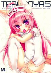 Rule 34 | 1girl, ahoge, animal ears, blush, bottomless, condom, condom in mouth, condom wrapper, cover, elin, fox ears, fox tail, hat, highres, hlz, long hair, looking at viewer, mouth hold, no panties, no pants, nurse, nurse cap, pink hair, purple eyes, smile, solo, tail, tera online, thighhighs, white thighhighs