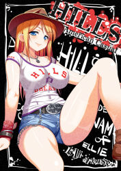 Rule 34 | 10s, 1girl, aida takanobu, ayase eli, bad id, bad pixiv id, belt, blonde hair, blue eyes, boots, bracelet, breasts, casual, chain, cleavage, clothes writing, cowboy hat, denim, denim shorts, english text, hat, impossible clothes, impossible shirt, jewelry, large breasts, leg up, legs, lips, long hair, long legs, looking at viewer, love live!, love live! school idol project, naughty face, necklace, original, shirt, shoes, short shorts, shorts, skin tight, smirk, solo, text focus, thighs, cowboy western