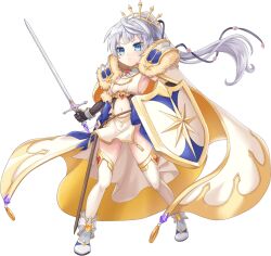 1girl alexander_(legend_clover) alexander_(young)_(legend_clover) armor blue_eyes breasts cape full_body game_cg gloves grey_hair highres holding holding_shield holding_sword holding_weapon legend_clover long_hair navel official_art shield shoulder_armor skirt small_breasts sword third-party_source transparent_background weapon white_footwear