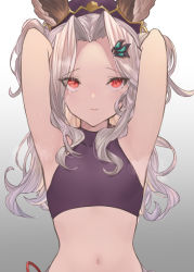 Rule 34 | 1girl, animal ears, armpits, arms behind head, arms up, betabeet, blush, closed mouth, commentary, english commentary, erune, forehead, granblue fantasy, hair ornament, hairclip, highres, long hair, looking at viewer, navel, red eyes, scathacha (granblue fantasy), silver hair, solo