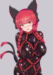 Rule 34 | 1girl, animal ears, bdsm, black bow, blush, bodysuit, bow, braid, breasts, cat ears, cat tail, collar, grey background, hair bow, harness, heart, highres, kaenbyou rin, long hair, multiple tails, red eyes, red hair, seo haruto, slave, solo, tail, touhou, twin braids, two tails