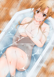 Rule 34 | 1girl, armpits, arms behind head, asuna (sao), bathing, bathtub, between legs, braid, breasts, brown eyes, brown hair, clenched teeth, collarbone, commentary request, completely nude, convenient censoring, convenient leg, covering privates, covering breasts, embarrassed, french braid, from above, glaring, hand between legs, highres, large breasts, long hair, looking at viewer, navel, nude, paid reward available, partially submerged, solo, steam, steam censor, sword art online, teeth, teto0315