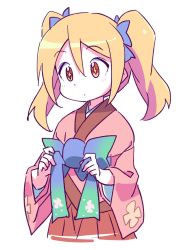 Rule 34 | + +, 1girl, blonde hair, blue bow, blush, bow, brown eyes, closed mouth, commentary request, hair between eyes, hair bow, hands up, highres, japanese clothes, kimono, long sleeves, looking away, original, parted bangs, pink kimono, pleated skirt, red skirt, roku no hito, simple background, skirt, solo, twintails, white background, wide sleeves