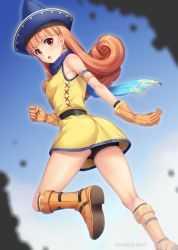 Rule 34 | 1girl, alena (dq4), ass, bare shoulders, black shorts, blue hat, boots, breasts, brown eyes, brown hair, commentary request, copyright request, dated, dress, earrings, from behind, hat, jewelry, looking at viewer, miyai sen, short shorts, shorts, small breasts, solo, yellow dress