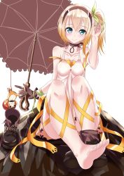 Rule 34 | 10s, 1girl, bare shoulders, barefoot, black gloves, black neckwear, blonde hair, blue eyes, blush, breasts, choker, collarbone, commentary request, edna (tales), feet, foot focus, gatari, gloves, hair flip, twirling hair, hairband, highres, light smile, looking at viewer, medium hair, shoes, side ponytail, single glove, single shoe, sitting, smile, soles, solo, tales of (series), tales of zestiria, toes, umbrella