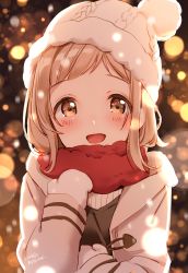 Rule 34 | 1girl, :d, artist name, bad id, bad pixiv id, beanie, black shirt, blonde hair, blurry, blush, bokeh, brown eyes, coat, depth of field, duffel coat, enpera, hand up, hat, highres, idolmaster, idolmaster shiny colors, kinako (shiratama mochi), long hair, long sleeves, looking at viewer, mittens, open clothes, open coat, open mouth, red scarf, sakuragi mano, scarf, shirt, sidelocks, smile, solo, sweater, tareme, twitter username, upper body, white coat, white hat, white mittens, winter clothes