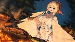 Rule 34 | 1girl, :d, bare shoulders, blonde hair, blue eyes, bow, breasts, center opening, cleavage, commission, cooking, copyright request, dress, fire, grilling, hair bow, harpy, holding, holding ladle, ladle, lansane, large breasts, looking at viewer, monster girl, navel, night, open mouth, outdoors, red bow, sidelocks, skeb commission, smile, solo, teeth, upper teeth only, virtual youtuber, white dress, winged arms, wings