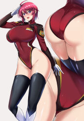 Rule 34 | 1girl, ahoge, ass, black thighhighs, blush, boots, breasts, covered navel, crotch, gloves, gundam, gundam seed, gundam seed destiny, highleg, highleg leotard, highres, knee boots, kumakichi (cost-lost), large breasts, leotard, long sleeves, looking at viewer, lunamaria hawke, multiple views, open mouth, pink hair, purple eyes, red leotard, short hair, sidelocks, smile, thighhighs, white footwear, white gloves