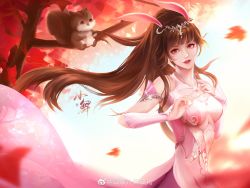 Rule 34 | 1girl, absurdres, animal ears, ba bo er benbo er, branch, breasts, brown hair, collar, douluo dalu, dress, falling leaves, hand on own shoulder, highres, leaf, long hair, looking to the side, medium breasts, metal collar, open mouth, pink dress, pink eyes, ponytail, rabbit ears, sitting, solo, squirrel, teeth, upper body, xiao wu (douluo dalu)