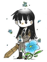 Rule 34 | 1girl, black eyes, black hair, black necktie, blue flower, blunt bangs, blunt ends, chibi, collared shirt, commentary request, donguri306, flower, full body, hand tattoo, holding, holding sword, holding weapon, long hair, looking at object, necktie, outline, protagonist 2 (housamo), school uniform, shirt, simple background, sketch, solo, star tattoo, sword, tattoo, thighhighs, tokyo houkago summoners, weapon, white background, white outline, white shirt