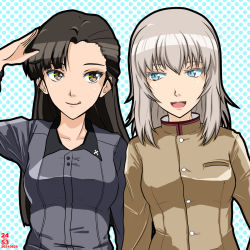 Rule 34 | 2girls, :d, :q, aqua background, artist name, asymmetrical bangs, black hair, blue eyes, brown eyes, brown jacket, chi-hatan school uniform, closed mouth, commentary request, cosplay, costume switch, dated, dress shirt, girls und panzer, grey shirt, high collar, itsumi erika, jacket, kuromorimine school uniform, long hair, long sleeves, looking at another, looking at viewer, medium hair, multiple girls, nishi itsumi, nishi kinuyo, open mouth, partial commentary, polka dot, polka dot background, salute, school uniform, shirt, side-by-side, silver hair, smile, straight hair, tongue, tongue out, upper body, wing collar