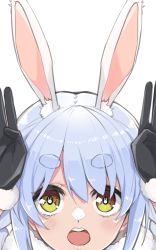 1girl :o animal_ears black_gloves blue_hair braid fur-trimmed_gloves fur_scarf fur_trim gloves highres hololive open_mouth panyatteria portrait rabbit-shaped_pupils rabbit_ears rabbit_girl solo symbol-shaped_pupils thick_eyebrows twin_braids usada_pekora virtual_youtuber