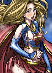Rule 34 | 1girl, blonde hair, blue eyes, blush, breasts, breath, cape, covered erect nipples, dc comics, female focus, gradient background, long hair, midriff, miniskirt, nipples, open mouth, skirt, solo, supergirl, sweat, torn clothes, warainaku