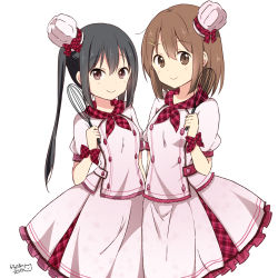 Rule 34 | 2girls, alternate costume, black hair, blush, brown eyes, brown hair, commentary request, hair ornament, hairclip, hirasawa yui, holding, k-on!, long hair, multiple girls, nakano azusa, ragho no erika, simple background, smile, twintails, white background