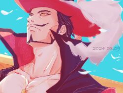 Rule 34 | 1boy, black hair, close-up, closed mouth, coat, commentary, dated, dracule mihawk, falling feathers, feathers, hat, hat feather, high collar, highres, jewelry, looking up, male focus, mixed-language commentary, monmonmochigome, one piece, open clothes, open coat, pendant, ringed eyes, sky, solo, sword, weapon, weapon on back, yellow eyes