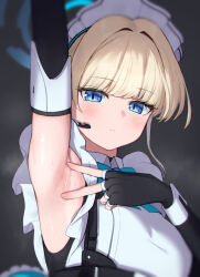 Rule 34 | 1girl, apron, arm up, armpits, black gloves, blonde hair, blue archive, blue bow, blue bowtie, blue eyes, blurry, bow, bowtie, chest harness, closed mouth, commentary, depth of field, dress, elbow gloves, expressionless, frilled apron, frills, gloves, grey background, hair intakes, halo, harness, looking at viewer, maid, maid apron, maid headdress, portrait, shiny skin, simple background, sleeveless, sleeveless dress, solo, spread armpit, sweat, symbol-only commentary, toki (blue archive), traditional bowtie, ushimittsu, white apron