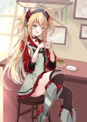 Rule 34 | 1girl, :d, admiral hipper (azur lane), ahoge, armband, armpit cutout, azur lane, bar stool, black thighhighs, blonde hair, blush, boots, burger, buttons, choker, clothing cutout, coffee mug, commentary request, counter, cross, cup, double-breasted, dress, elbow sleeve, flat chest, food, green eyes, grey dress, grey footwear, hair between eyes, headgear, highres, holding, holding cup, indoors, iron cross, knee boots, long hair, looking at viewer, mikuchi3939, mole, mole under eye, mug, open mouth, panties, pantyshot, red sleeves, rudder footwear, shadow, sidelocks, sitting, smile, solo, stool, teeth, thighhighs, two side up, underwear, upper teeth only, window
