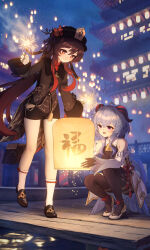Rule 34 | 2girls, :d, absurdres, ahoge, architecture, bare shoulders, bell, black footwear, black gloves, black headwear, black shorts, blue hair, brown coat, brown hair, chinese new year, coat, colored tips, commentary request, detached sleeves, east asian architecture, fireworks, flower, flower-shaped pupils, full body, ganyu (genshin impact), genshin impact, gloves, goat horns, gradient hair, grin, hat, hat flower, highres, horns, hu tao (genshin impact), lantern, long hair, long sleeves, looking at object, multicolored hair, multiple girls, neck bell, night, open mouth, outdoors, paper lantern, plum blossoms, purple eyes, red eyes, red hair, shorts, smile, socks, sparkler, squatting, starsd, symbol-shaped pupils, tassel, very long hair, white footwear, white sleeves, white socks
