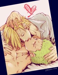 Rule 34 | 2boys, blonde hair, couple, earrings, french kiss, grabbing, green hair, hair over one eye, hand in another&#039;s hair, heart, jewelry, kiss, male focus, multiple boys, one piece, pectoral grab, pectorals, pra (prapon0904), roronoa zoro, sanji (one piece), short hair, sideburns, single earring, toned, toned male, upper body, upside-down kiss, yaoi