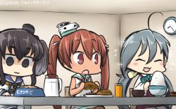 Rule 34 | 3girls, ahoge, blush, bowl, breakfast, brown hair, clock, commentary, dated, dress, empty eyes, flying sweatdrops, grey hair, hair between eyes, hamu koutarou, highres, kantai collection, kiyoshimo (kancolle), libeccio (kancolle), long hair, low twintails, multiple girls, pet bowl, sailor collar, sailor dress, shaded face, short hair with long locks, sidelocks, sparkle, tokitsukaze (kancolle), twintails