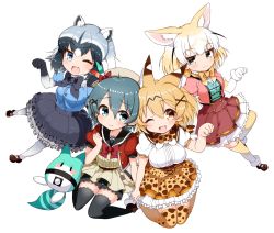 Rule 34 | 10s, 4girls, ;o, adapted costume, animal ears, arato asato, black bow, black bowtie, black hair, black legwear, blonde hair, blush, bow, bowtie, common raccoon (kemono friends), elbow gloves, fang, fennec (kemono friends), frilled skirt, frills, gloves, hat feather, high-waist skirt, highres, holding hands, kaban (kemono friends), kemono friends, lucky beast (kemono friends), multiple girls, one eye closed, open mouth, pantyhose, paw pose, print bow, print bowtie, print legwear, print neckwear, puffy short sleeves, puffy sleeves, raccoon ears, serval (kemono friends), serval print, serval tail, shirt, short hair, short sleeves, skirt, sleeveless, sleeveless shirt, tail, thighhighs, wince, yellow bow, yellow bowtie