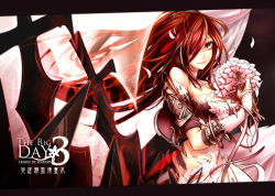 Rule 34 | 1girl, alternate costume, bare shoulders, beancurd, breasts, bridal gauntlets, closed mouth, collarbone, crop top, detached sleeves, dress, female focus, floating hair, flower, hair over one eye, highres, katarina (league of legends), league of legends, lips, long hair, looking at viewer, midriff, navel, off shoulder, red hair, scar, smile, solo, straight hair, tearing clothes, torn clothes, veil, wedding dress, yellow eyes